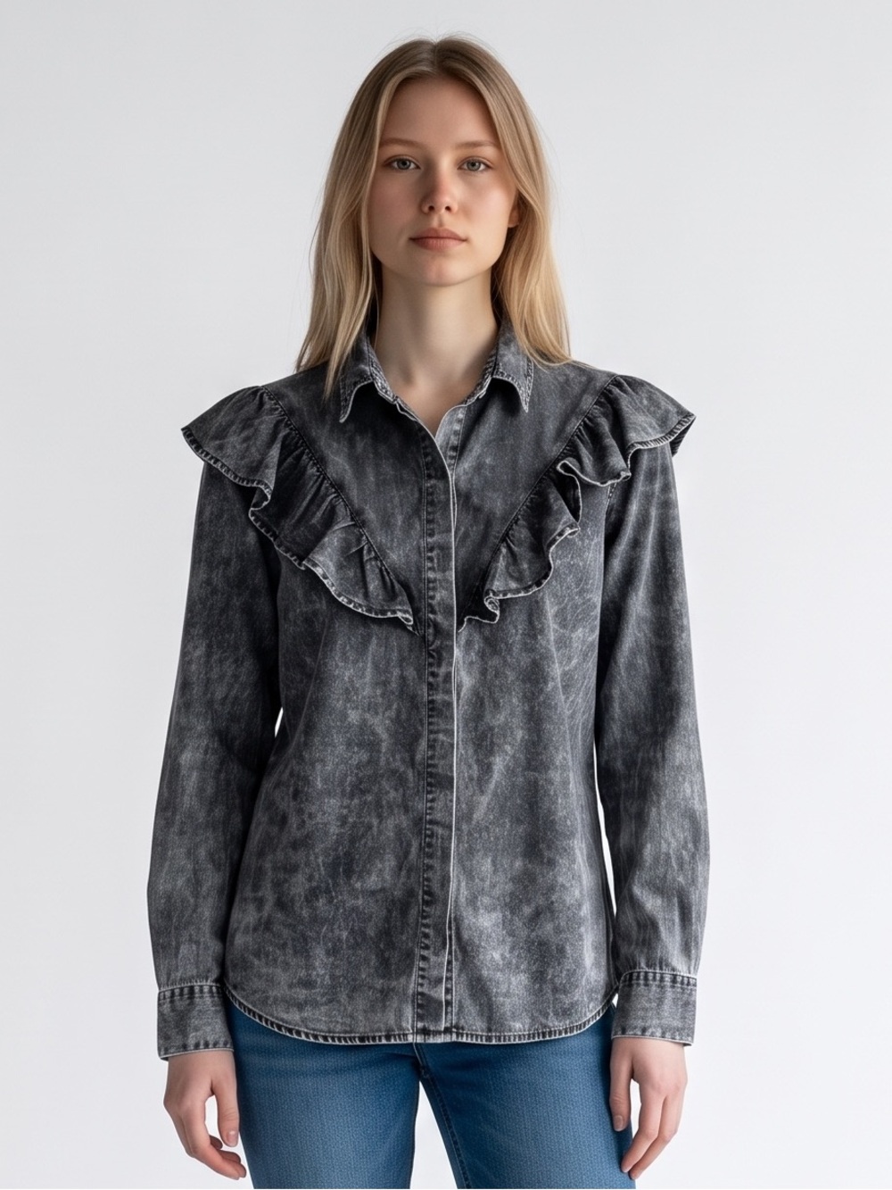 Tennis Acid Washed Black Ruffle-Trim Button-Up Shirt. Western. Boho. Cowgirl. M
